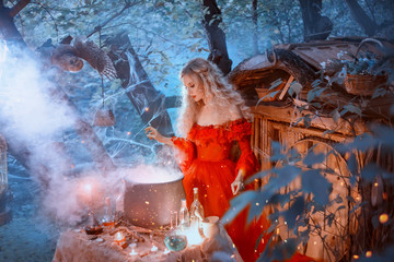 The seductive queen in a red dress with bare shoulders of the Baroque epoch, prepares poison for...