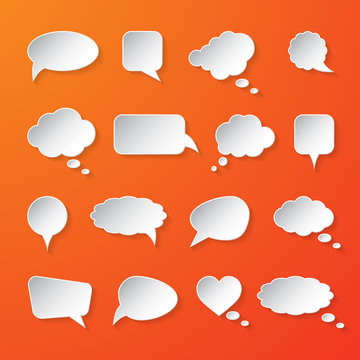 White paper speech bubbles on orange background. Vector illustration