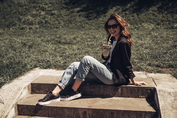 Fashion Portrait of Stylish Pretty Brunette Young Woman Outdoor