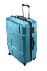 One turquoise modern travel suitcase with opened handle