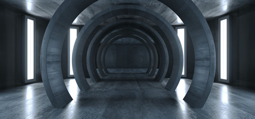 Future Circle Modern Elegant Alien Space Ship Tunnel Corridor Grunge Concrete Corridor Underground Entrance Showroom Empty Dark 3D Rendering