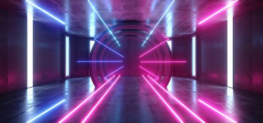 Futuristic Neon Lights Sci Fi Glowing Purple Blue Virtual Vibrant Underground Garage Tunnel Corridor Grunge Concrete Reflection Dark Empty Circle Shapes 3D Rendering