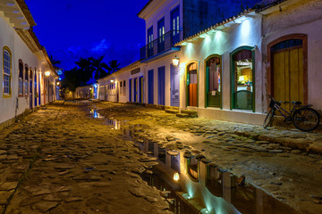 Night view of street of historical center in Paraty, Rio de Janeiro, Brazil. Paraty is a preserved...