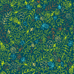 Hand drawn doodle background in forest theme.