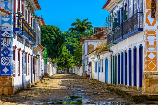 Street of historical center in Paraty, Rio de Janeiro, Brazil. Paraty is a preserved Portuguese colonial and Brazilian Imperial municipality