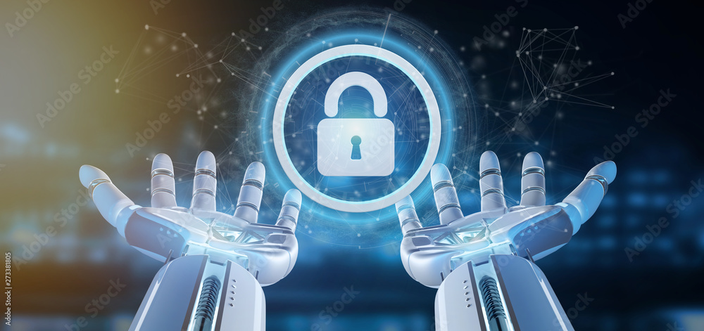 Poster cyborg hand holding a technology security icon on a circle 3d rendering