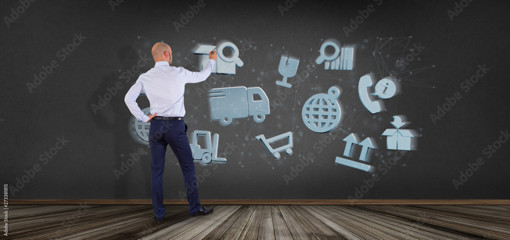 Poster businessman in front of a logistic organisation with icon and connection 3d rendering