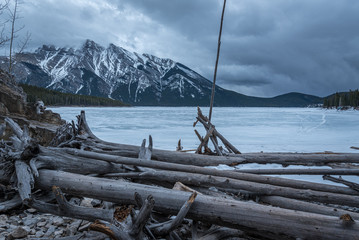 Fototapeta na wymiar lake minnewanka with a huge mountain ion the background and some fallen trees in the foreground. winter time and frozen water with snow