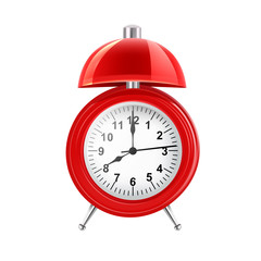 Red realistic alarm clock on a white background. Vector