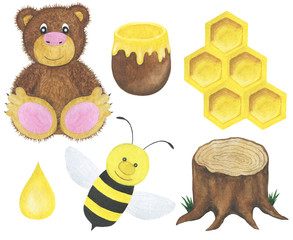 Seth bear bee honey beehive watercolor childish illustration card design scrapbooking stickers stickers poster congratulations invitations