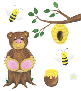 Seth bear bee honey beehive watercolor childish illustration card design scrapbooking stickers stickers poster congratulations invitations