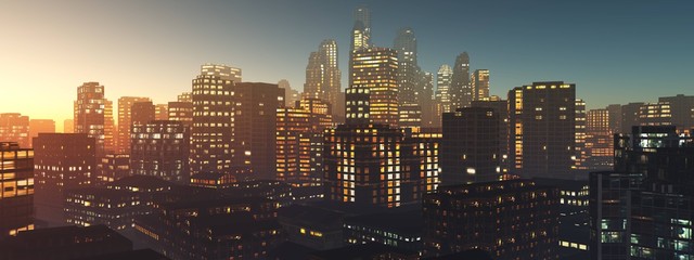 Obraz premium City at sunset, modern high-rise buildings in the evening under the sun