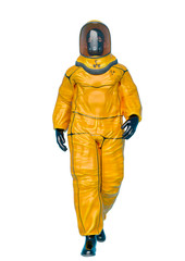 bio hazard man walking in a white background front view