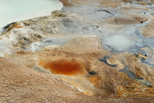 Active geothermal area with colorful soils, mud holes and water surfaces, detailed view - Location: Iceland