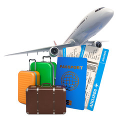 Travel concept. Airplane with passport, airline boarding pass tickets and baggage. 3D rendering