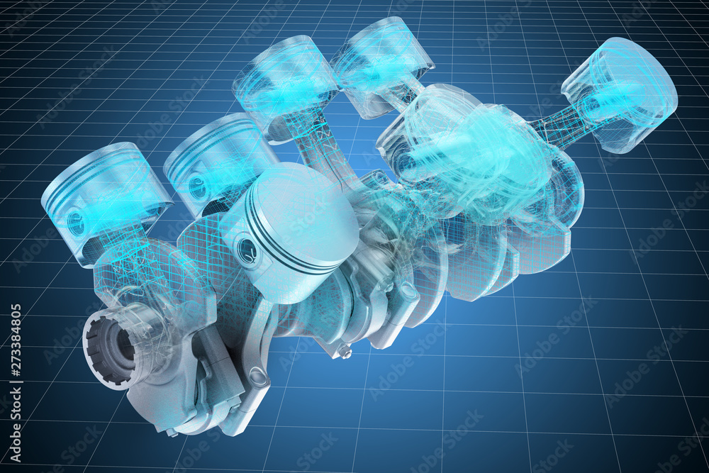 Poster visualization 3d cad model of v8 engine pistons, blueprint. 3d rendering