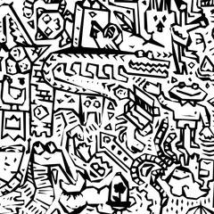 Cartoon cute doodles hand drawn grunge illustration. Line art scribble detailed, with lots of objects and lines background