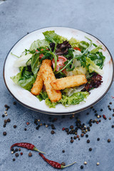 appetizing salad with fried cheese and herbs on a gray background with copy space