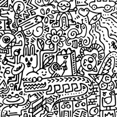 Cartoon cute doodles hand drawn grunge illustration. Line art scribble detailed, with lots of objects and lines background