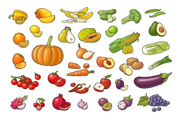 Set vegetables and fruits. Vector color flat engraving