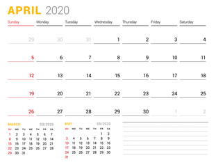 Calendar template for April 2020. Business planner. Stationery design. Week starts on Sunday. Vector illustration