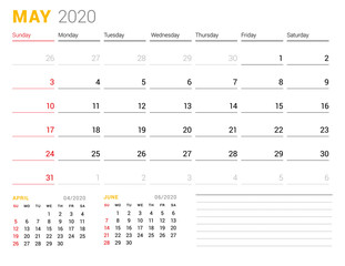 Calendar template for May 2020. Business planner. Stationery design. Week starts on Sunday. Vector illustration