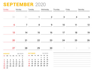 Calendar template for September 2020. Business planner. Stationery design. Week starts on Sunday. Vector illustration