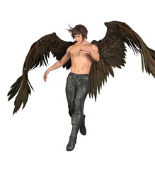 Fallen angel man with large brown wings and leather pants. 3d render