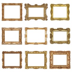 Set of golden frame for paintings, mirrors or photo isolated on white background
