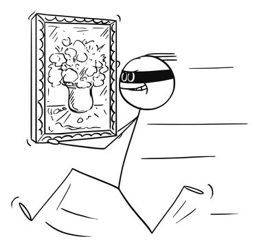 Vector cartoon stick figure drawing conceptual illustration of thief running with stolen painting from museum, art gallery or house.