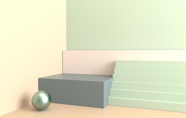 3d rendered interior with geometric shapes, podium on the floor. Set of platforms, stairs for product presentation, mock up background. Abstract composition in minimal design. Pastel colors