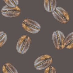 Coffee beans on grey background, seamless pattern, hand-drawn with acrylics