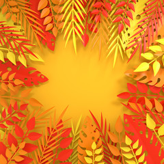 Tropical paper palm, monstera leaves frame. Summer tropical leaf. Origami exotic hawaiian jungle, summertime background. Paper cut style. 3d render