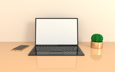 Fototapeta na wymiar Laptop on work desk mock-up background in modern minimal style. Notebook 3d render. Technology gadget concept. Pastel colors, black and golden