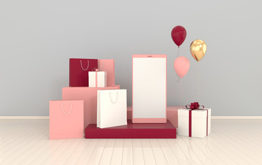 Smartphone, shopping bag, balloons mockup background in minimal style. Frameless  mobile phone 3d render. Technology gadget concept. Set of platforms, podium for product presentation