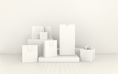 Smartphone, gift box, shopping bag mockup background in minimal style. Frameless  mobile phone 3d render. Technology gadget concept. Set of platforms, podium for product presentation