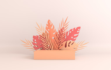 Tropical paper palm, monstera leaves frame, podium platform for product presentation. Summer tropical leaf. Origami exotic hawaiian jungle, summertime background. Paper cut 3d render