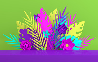 Tropical paper palm, monstera leaves and flowers frame, podium platform for product presentation. Summer tropical leaf. Origami exotic jungle, summertime background. Paper cut 3d render