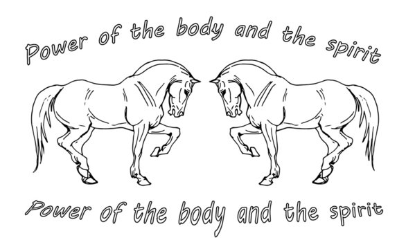 vector isolated image of prancing drawn heavy horses on white background and the inscription 