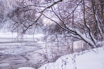 Morning dawn on the river. Pink sky. Winter landscape . Nature outside the city.