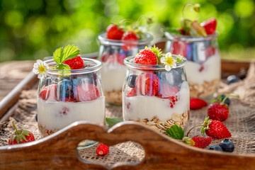Homemade and healthy granola with berries and yoghurt in jar
