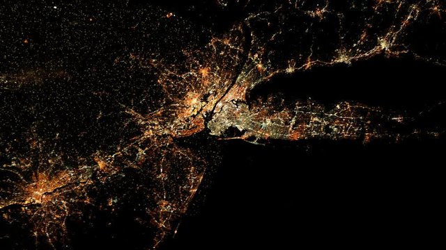 New York satellite view by night with flashing lights animation. Contains public domain image by Nasa