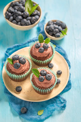 Top view of muffin with chocolate cream and blueberries