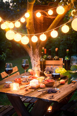 Closeup of table with appetizers and wine in illuminated garden