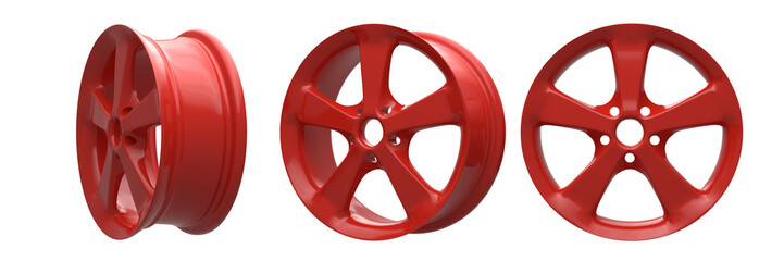 Set of red aluminium car wheel isolated on white background. 3d rendering illustration