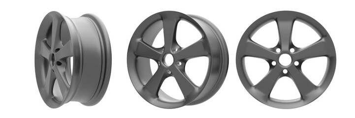 Set of black aluminium car wheel isolated on white background. 3d rendering illustration