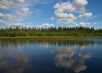 Reflection of blue shy with clouds in River, with forrest between river and sky