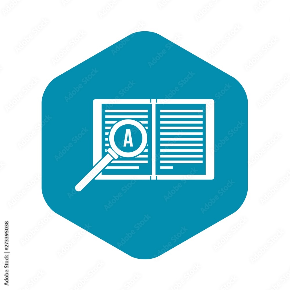 Poster magnifying glass over open book icon in simple style on a white background vector illustration