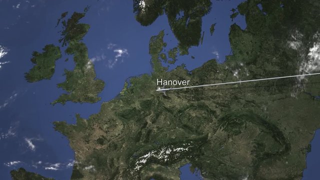 Airliner flying to Hanover, Germany from east. 3D animation 