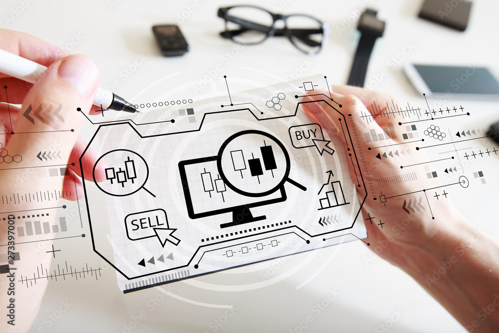 Poster stock trading concept with man writing in a notebook